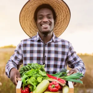 happy-african-farmer-working-countryside-holding-wood-box-fresh-vegetables-215052594